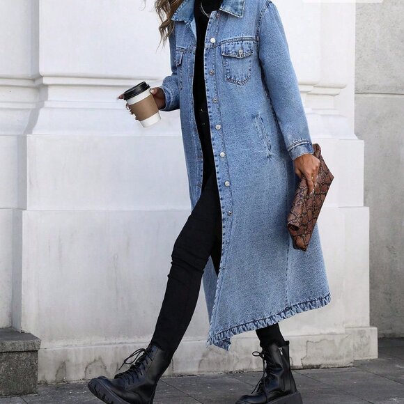 Blue Casual Women's Long Denim Jacket - Picture 1 of 5